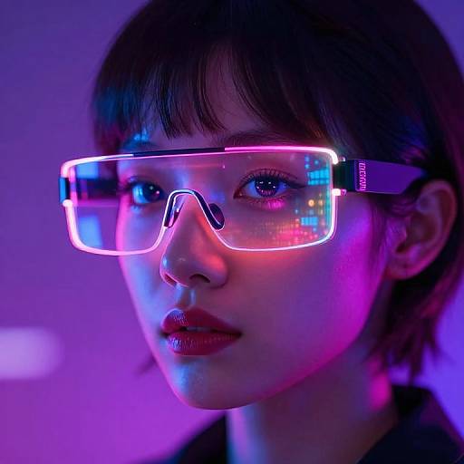 Photograph of a young Asian woman with short brown hair wearing neon pink and blue virtual reality goggles, illuminated against a purple-lit background, showcasing a