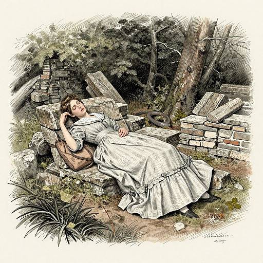 Illustration of a sleeping woman in a white dress, reclining among broken brick walls and forest foliage, with detailed, textured art style.