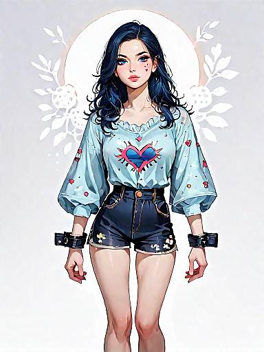 Stylish Woman in Bohemian Navy Blue Blouse and Black Shorts