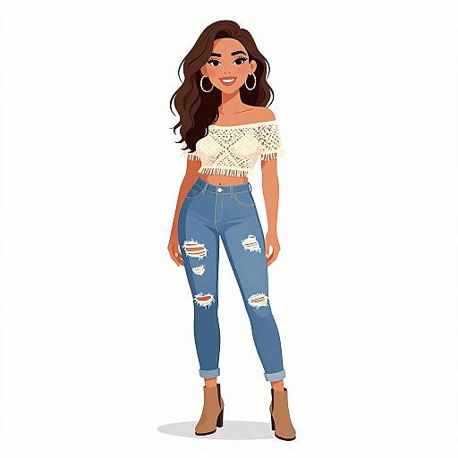 Digital illustration of a smiling woman with long brown hair, wearing a white off-shoulder top, ripped blue jeans, and tan ankle boots, standing