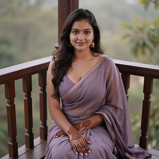 Photograph of a smiling Indian woman with long black hair, wearing a lavender saree with gold trim, traditional henna on her hands, sitting on