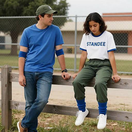 Two Young People Relaxing on Wooden Fence Outdoors