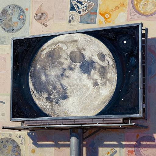 Photograph of a large, detailed, illuminated full moon on a flat-screen TV, mounted on a wall covered in colorful, abstract art and scientific diagrams