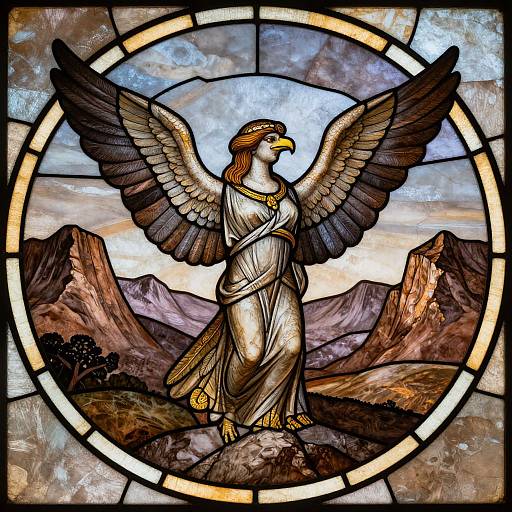 Stained glass artwork of an angel with brown feathers, golden eyes, and white robe, standing in mountains, surrounded by circular frame.