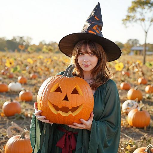 Photograph of a young woman with brown hair in a witch hat and green robe, holding a carved pumpkin in a sunlit pumpkin field.
