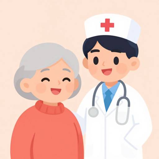 Cartoon-style illustration of a smiling elderly woman in a red sweater and a cheerful male nurse in a white uniform with a red cross hat.