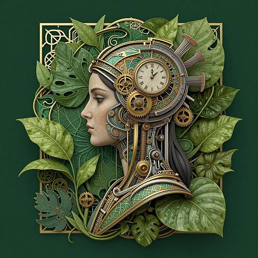 Digital artwork of a pale-skinned woman in profile, wearing steampunk clockwork headgear with gears and leaves, set against a dark green background