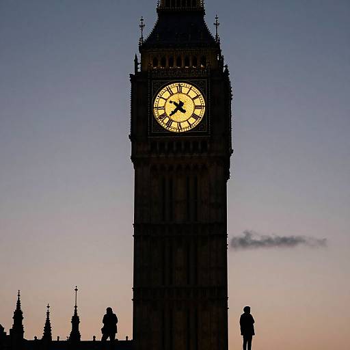 Photograph of Big Ben's illuminated clock face against a twilight sky, with silhouetted architectural details and faint clouds in the background.