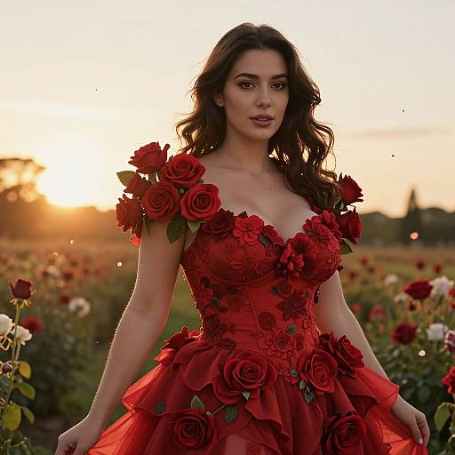 Photograph of a beautiful woman with long dark hair in a red rose-adorned dress, standing in a blooming rose field at sunset.