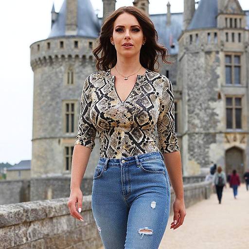 Photograph of a confident woman with wavy brown hair, wearing a snakeskin-patterned blouse and ripped blue jeans, standing in front of a medieval