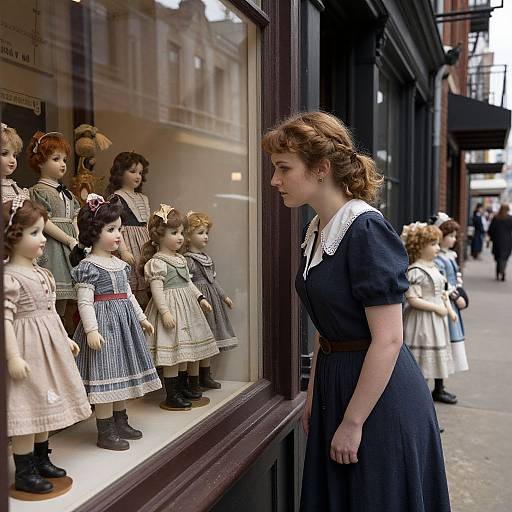 Photograph of a red-haired woman in a black dress, gazing at vintage porcelain dolls in a shop window, street background.