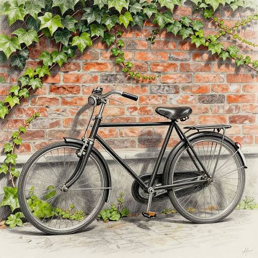 Digital drawing of a black vintage bicycle leaning against a red brick wall with climbing ivy, on a cobblestone path.