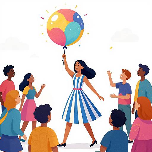 Illustration of diverse group of children and adults, including a woman in blue-striped dress, holding a colorful balloon, smiling and waving. White background.