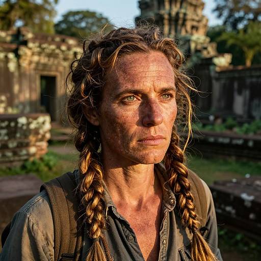 Weathered Traveler Among Ancient Ruins