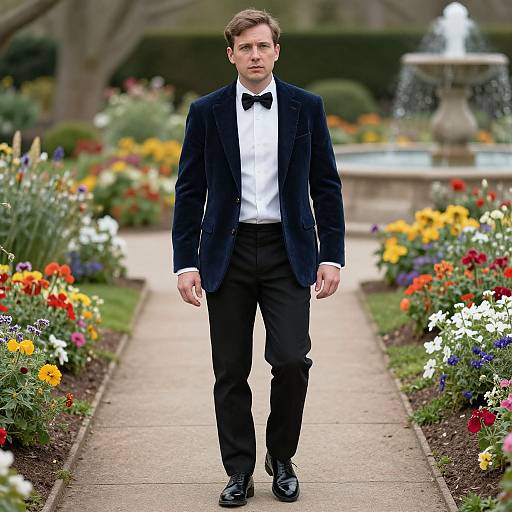Photograph of a young, fair-skinned man with short brown hair, wearing a black velvet tuxedo, white shirt, black bow tie,