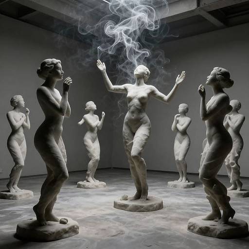 Photograph of six classical-style marble statues of nude women, illuminated from above, with one statue emitting swirling smoke from raised hand.