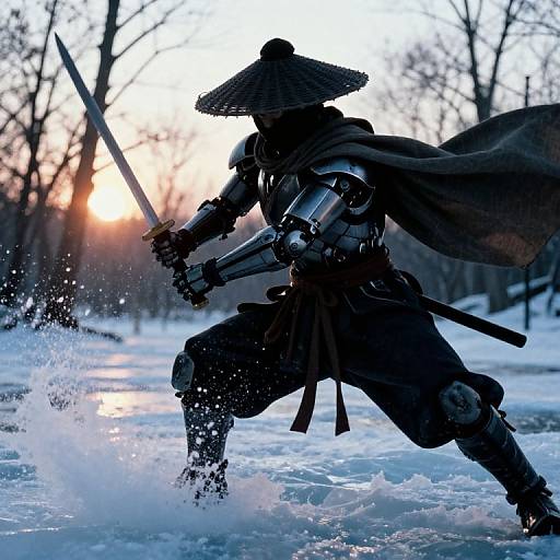 Silhouetted samurai in traditional armor and conical hat, wielding sword, splashing through icy water at sunset in a snowy forest. Phot