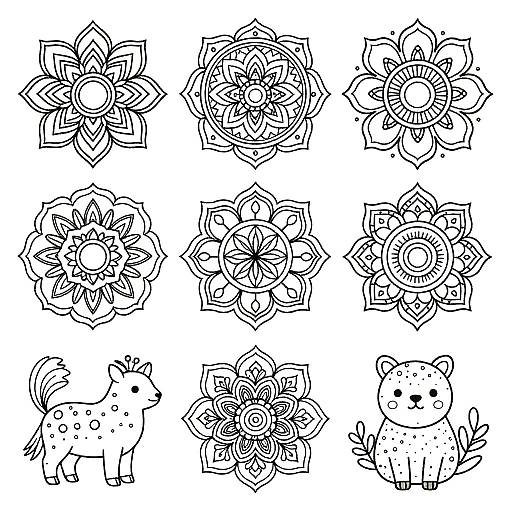 Black-and-white line drawing of twelve intricate flowers and two cute animals, arranged in a 4x3 grid. Floral designs are symmetrical, animals