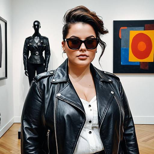 Curvy Woman in Leather Jacket and Sunglasses