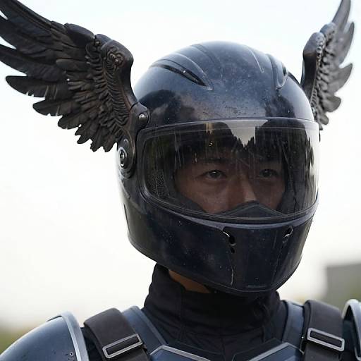 Photograph of a person in a black helmet with angel wings, reflective visor, and black gear, against a bright white background.
