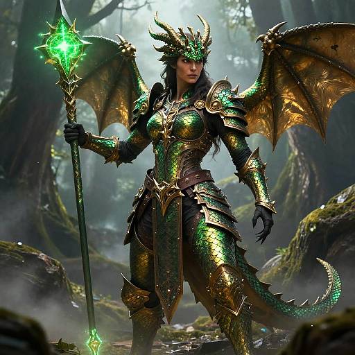Emerald Dragonborn Warrior in Misty Forest