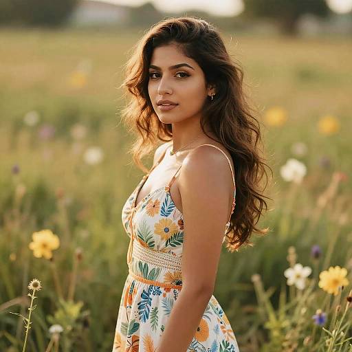 Photograph of a beautiful South Asian woman with long, wavy brown hair, wearing a floral dress, standing in a sunlit meadow with blo