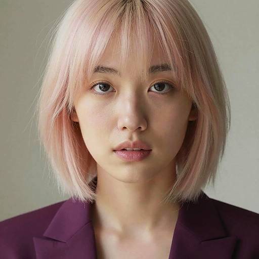Photograph of an Asian woman with light pink, shoulder-length bob haircut, wearing a dark purple blazer, looking directly at the camera against a plain