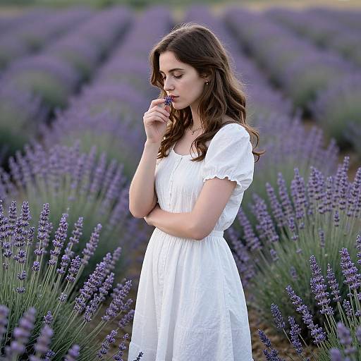 Photograph of a young woman with wavy brown hair, wearing a white dress, standing in a lavender field, gently smelling a lavender flower.