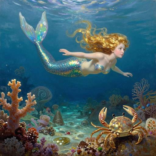 Digital artwork of a shimmering mermaid with flowing blonde hair swimming through a vibrant underwater coral reef, accompanied by a colorful crab.