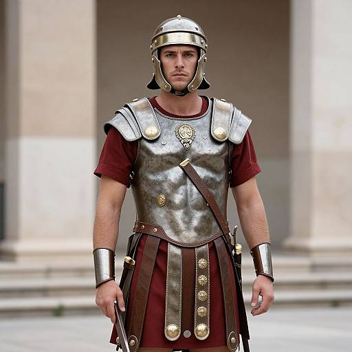 Photograph of a muscular man in ancient Roman armor, silver chestplate, red tunic, brown leather skirt, and metal helmet, standing in front