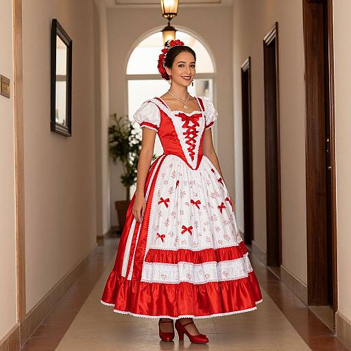Photograph of a smiling woman in a vibrant red and white traditional Spanish flamenco dress, standing in a narrow, well-lit hallway.