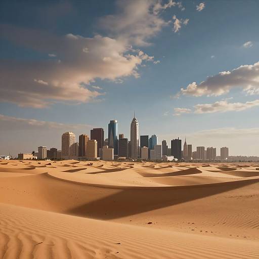 Photograph of a desert cityscape with a skyline of modern skyscrapers under a blue sky with scattered clouds, set against golden sand dunes.
