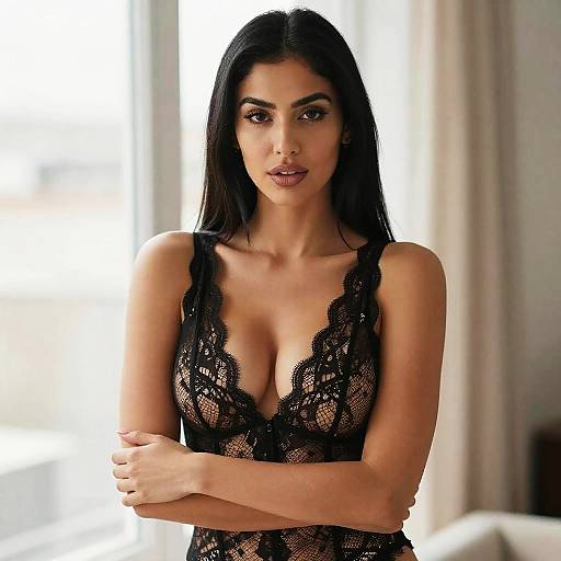 Confident Woman in Black Lace Bodysuit