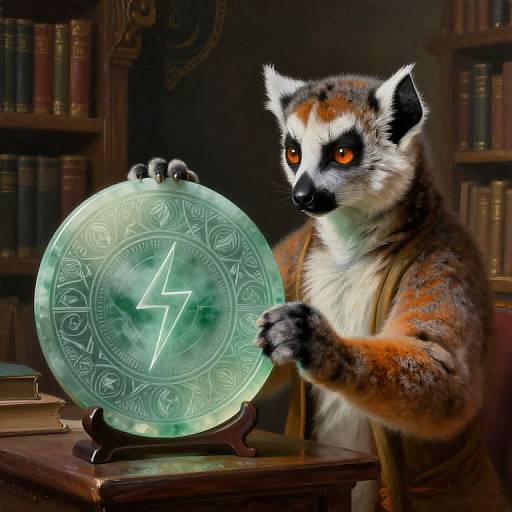 Anthropomorphic lemur with orange eyes and fur, wearing brown vest, holding glowing, green, lightning symbol amulet in dim library.