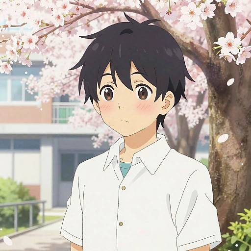 Anime-style drawing of a young boy with black hair, large brown eyes, wearing a white shirt, standing under cherry blossom tree. Background includes blurred building