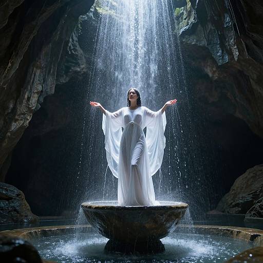 Woman Standing in Waterfall Cave