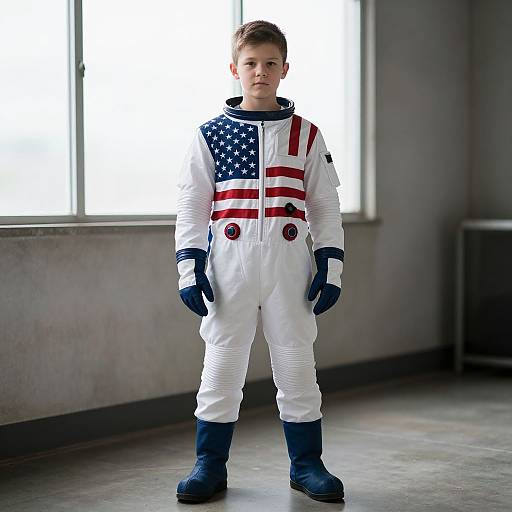 Photograph of a young boy in a white astronaut suit with an American flag design, blue gloves, and boots, standing in a bright, industrial room