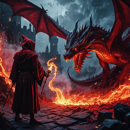 Crimson-Robed Dragon Sorcerer Facing Fiery Dragon