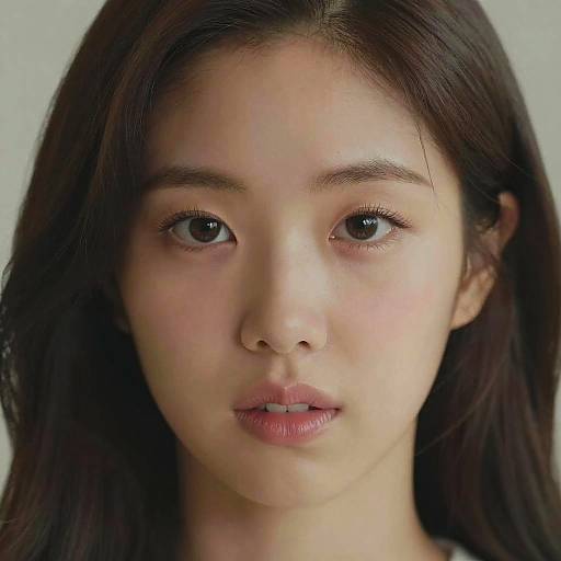 Close-up photograph of an East Asian woman with straight, dark brown hair, fair skin, and natural makeup, gazing directly at the camera with a