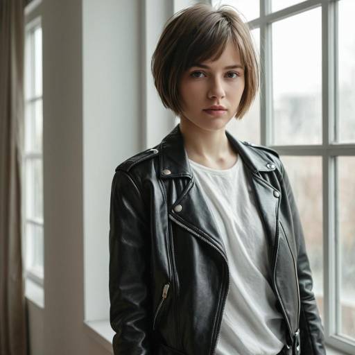 Young Woman in Leather Jacket by Window