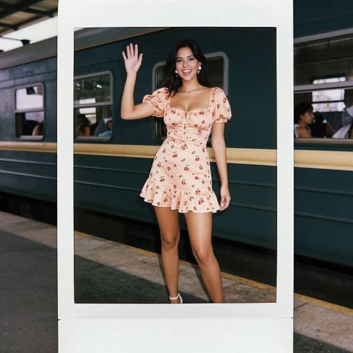 Photograph of a smiling brunette woman with long hair, wearing a pink floral dress, waving at a train station platform.