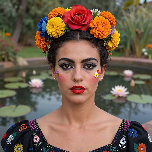 Photograph of a woman with dark hair, wearing a colorful flower crown, vibrant makeup, red lipstick, and floral-patterned dress, standing in front