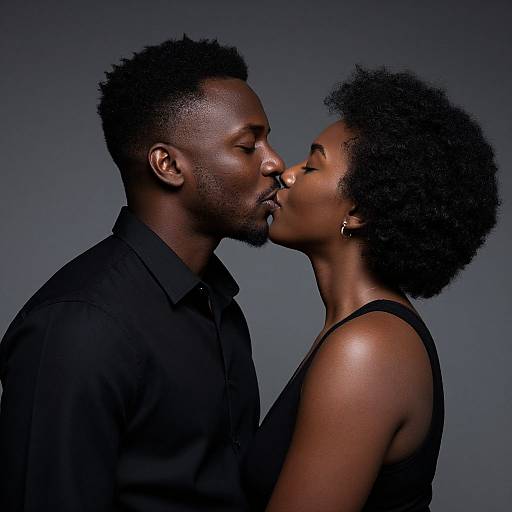 Photograph of a Black couple sharing a tender kiss, both wearing black clothing, against a dark gray background, eyes closed.