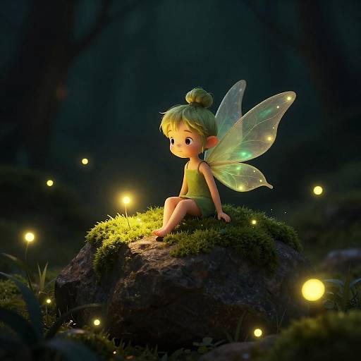 Whimsical Pixie on Moss-Covered Rock
