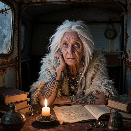 Photograph of an elderly woman with white hair, tribal tattoos, fur vest, and jewelry, reading by candlelight in a rustic, dimly-l