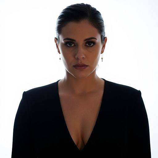 Photograph of a serious, dark-haired woman with light skin, wearing a black deep V-neck top, against a bright white background.