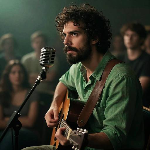 Musician in Green Shirt Under Dim Lights