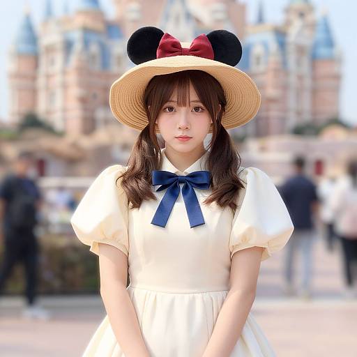 Photograph of an Asian woman with fair skin, brown pigtails, wearing a white dress with a blue bow, and a beige hat with black
