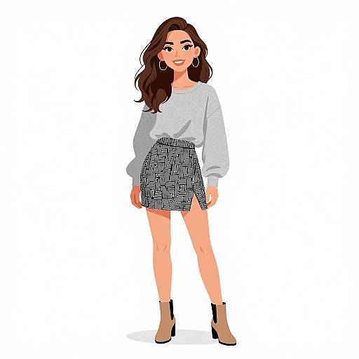 Digital illustration of a smiling woman with long brown hair, wearing a gray sweater, black-and-white patterned skirt, and tan ankle boots.
