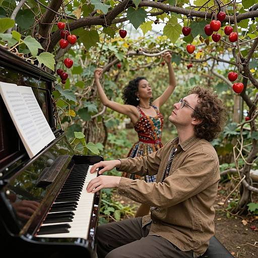 Photograph of a curly-haired man playing piano outdoors, surrounded by red apples, with a curly-haired woman dancing in a colorful dress behind him.